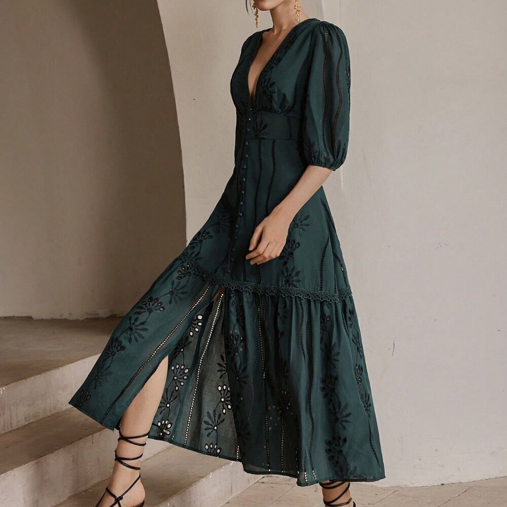 Dark Green Elegant Women's V-Neck Slit Lace Embroidered Long Dress - Picture 1 of 7